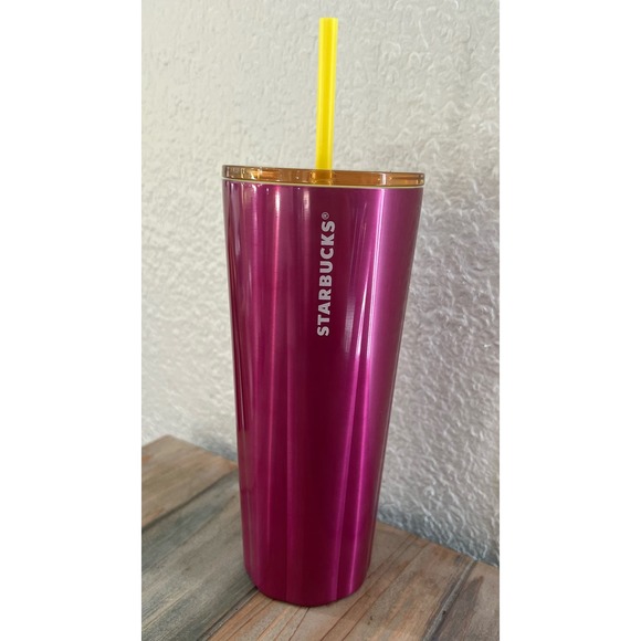 New Starbucks 2023 Venti SS Cold Cup Petunia Pink w/ Yellow Lid & Straw - Picture 3 of 8